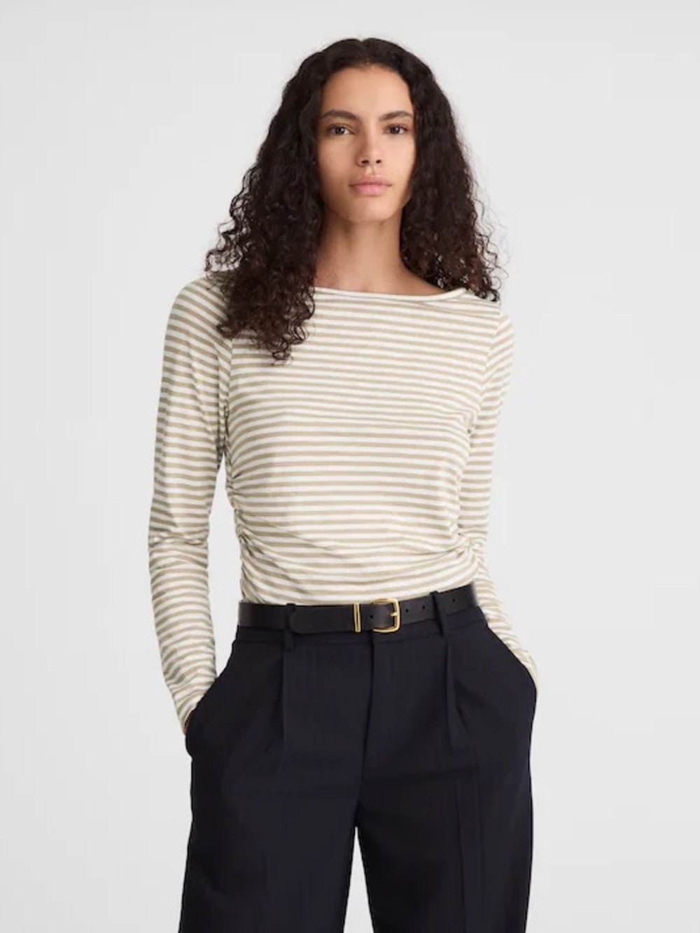 Madewell Striped Crewneck Long-Sleeve Top in Cream and Tan side ruching - L